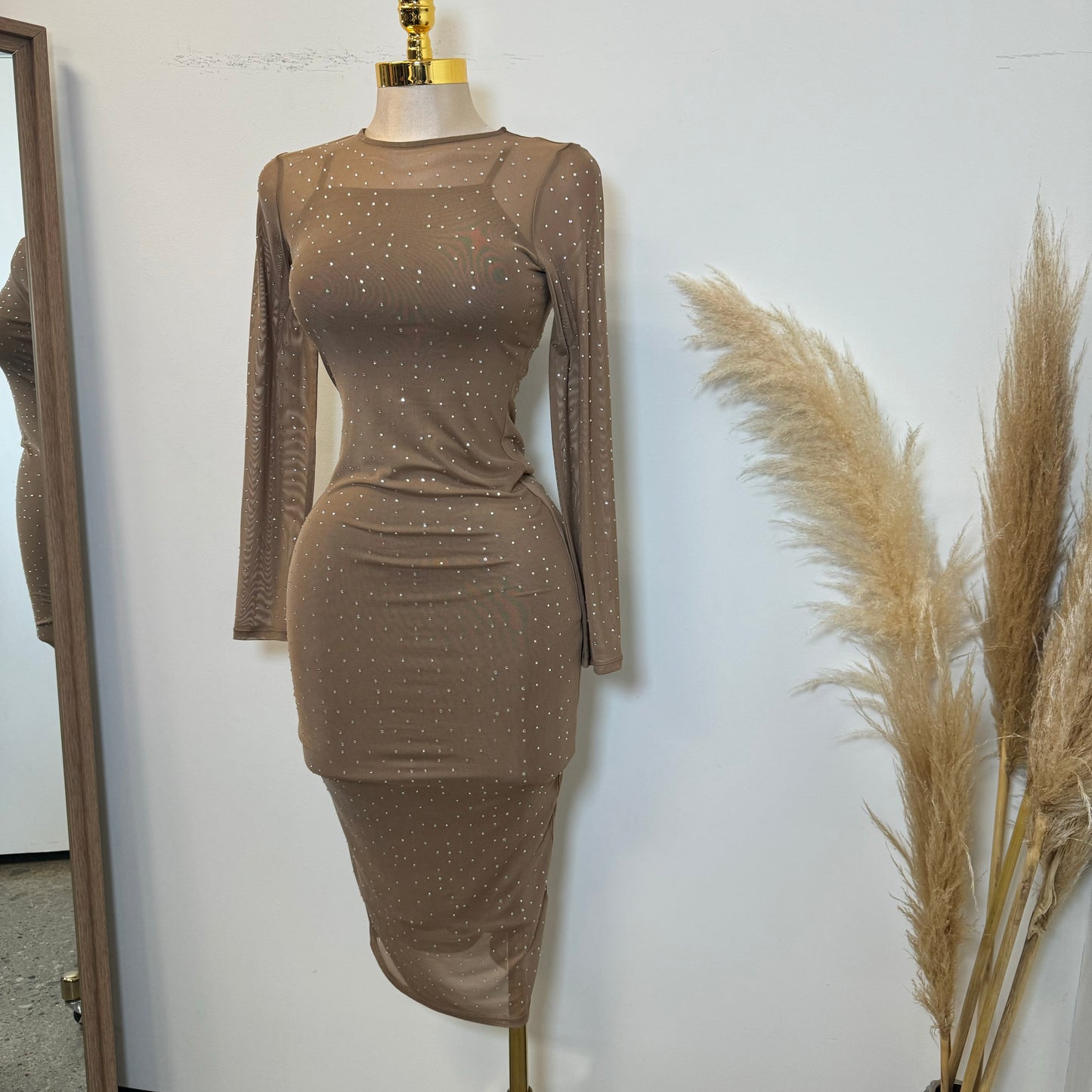 Faviana Mesh Dress-Khaki