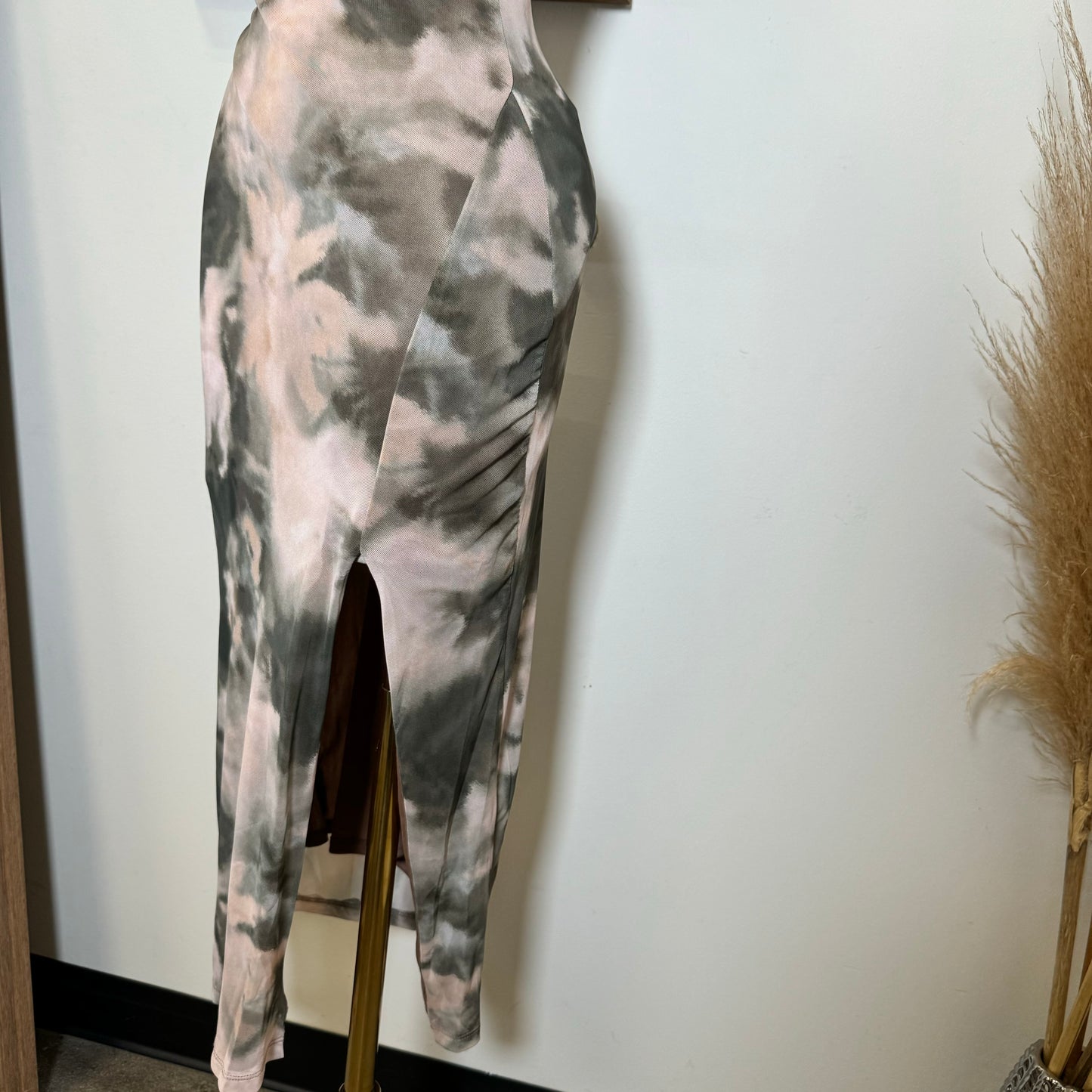 Mixie Mesh Open Slit Dress-Olive