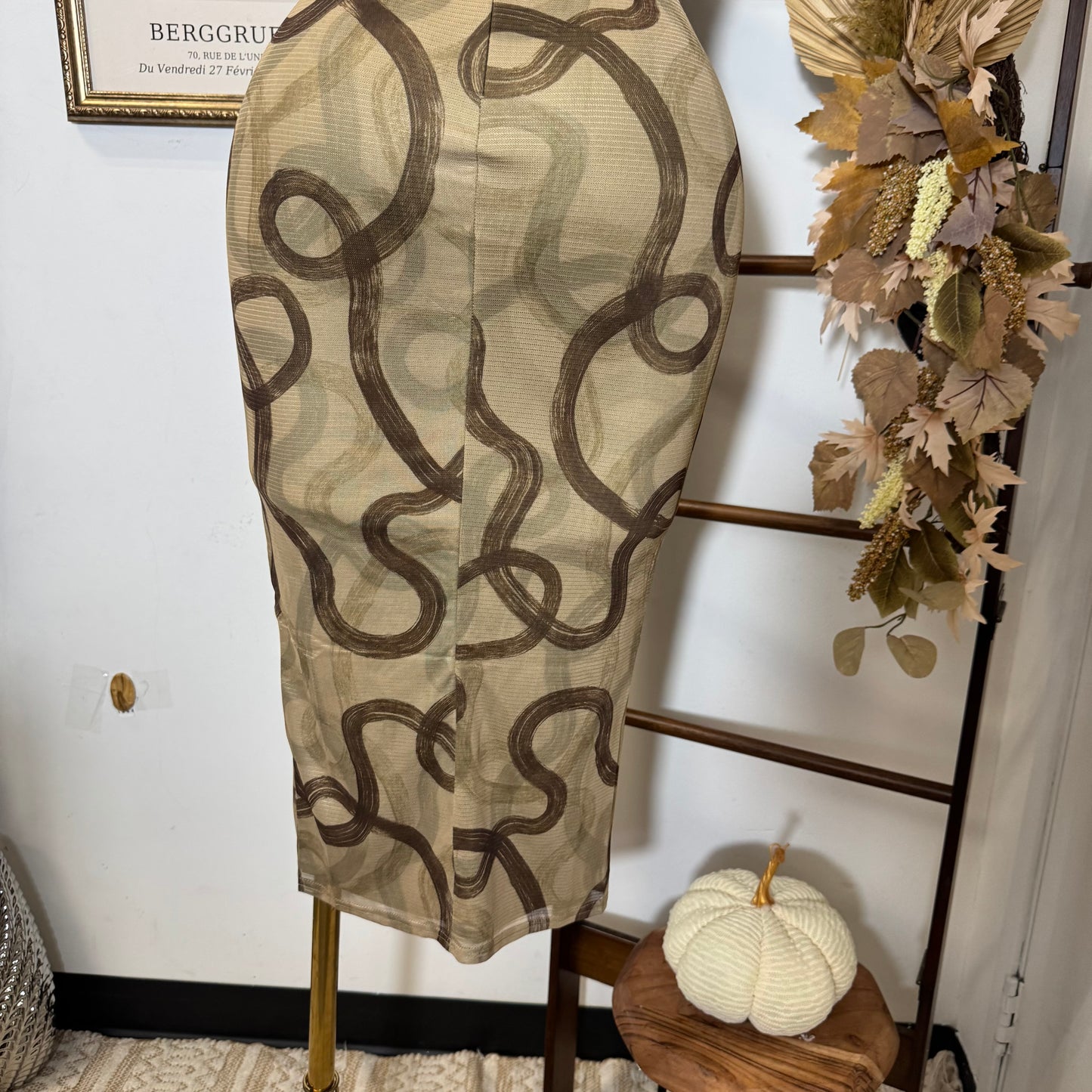 Halter Midi Print Dress-Olive Brown