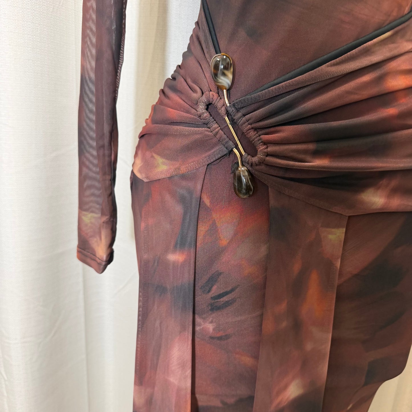 Long sleeve Front Sash Midi Dress-Multi Colored