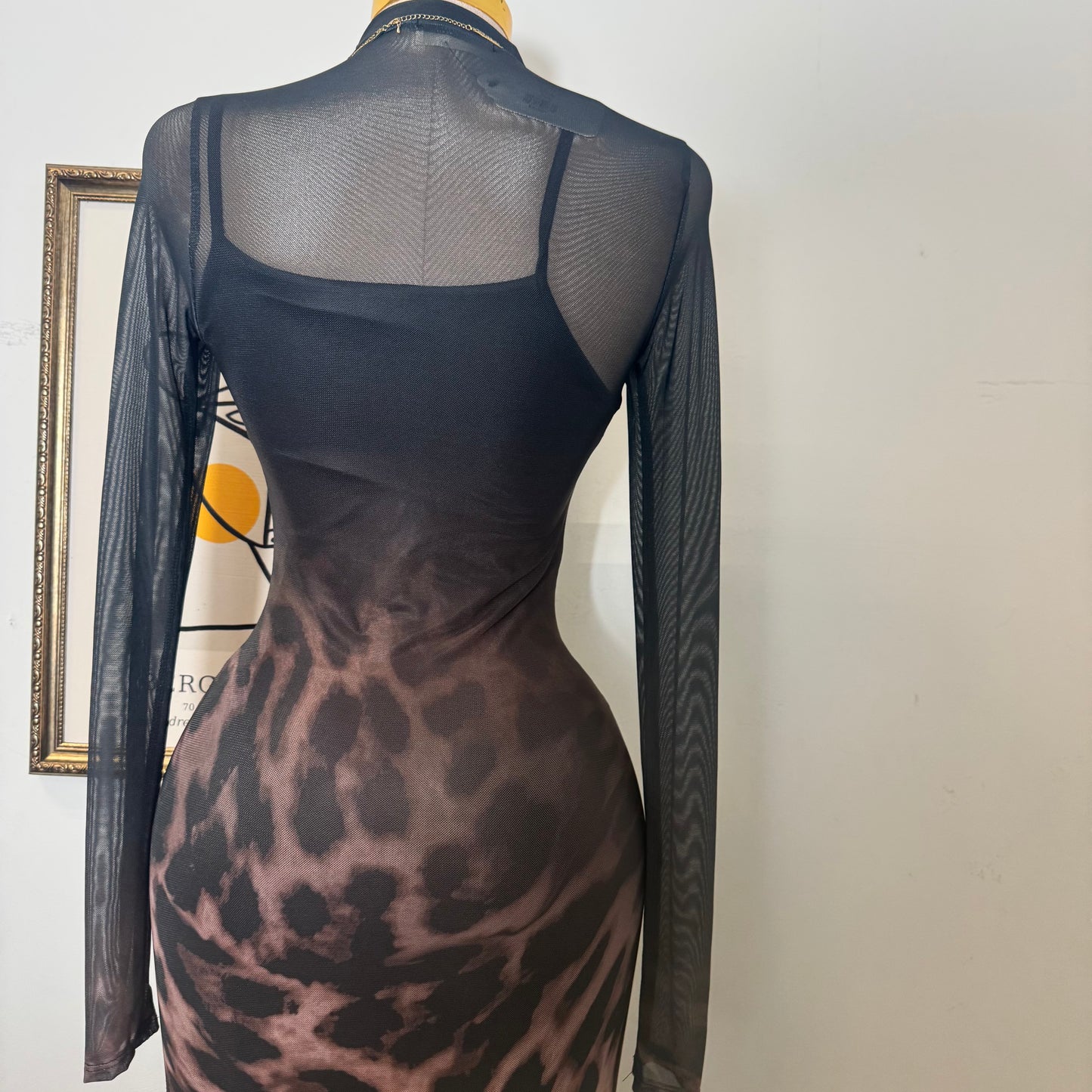 Animal Ombré Midi Mesh Dress-Black/Brown