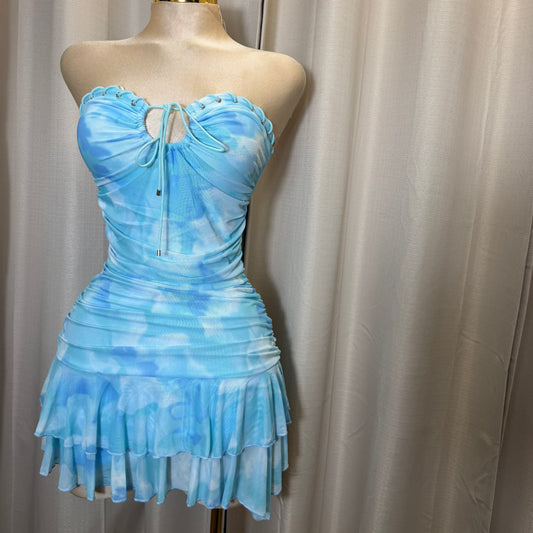 Tube printed Mesh Mini Dress-Blue