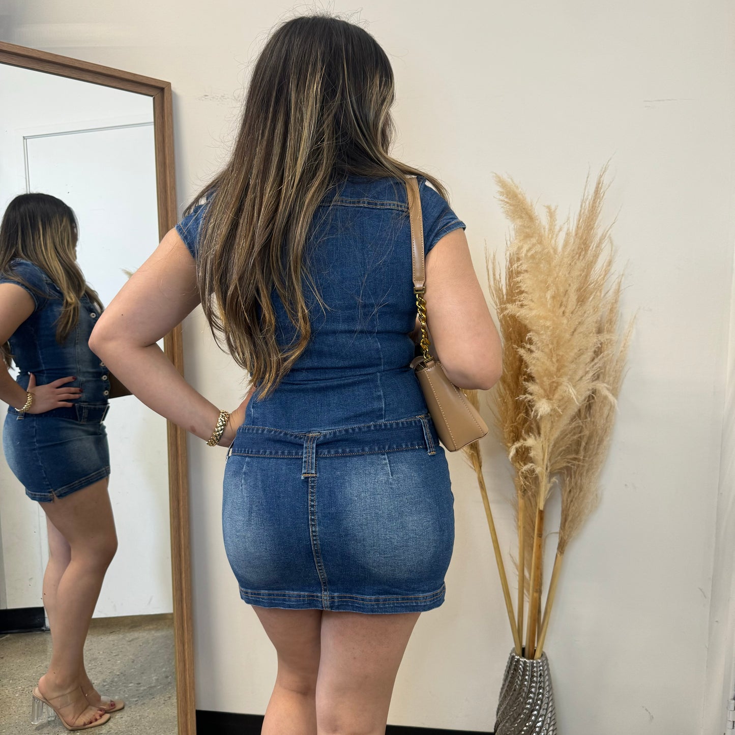 Denim Belt Mini Dress-Dk Blue