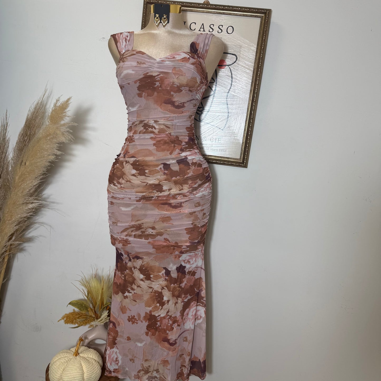 Off Shoulder Bustier Ruching Maxi Dress-brown