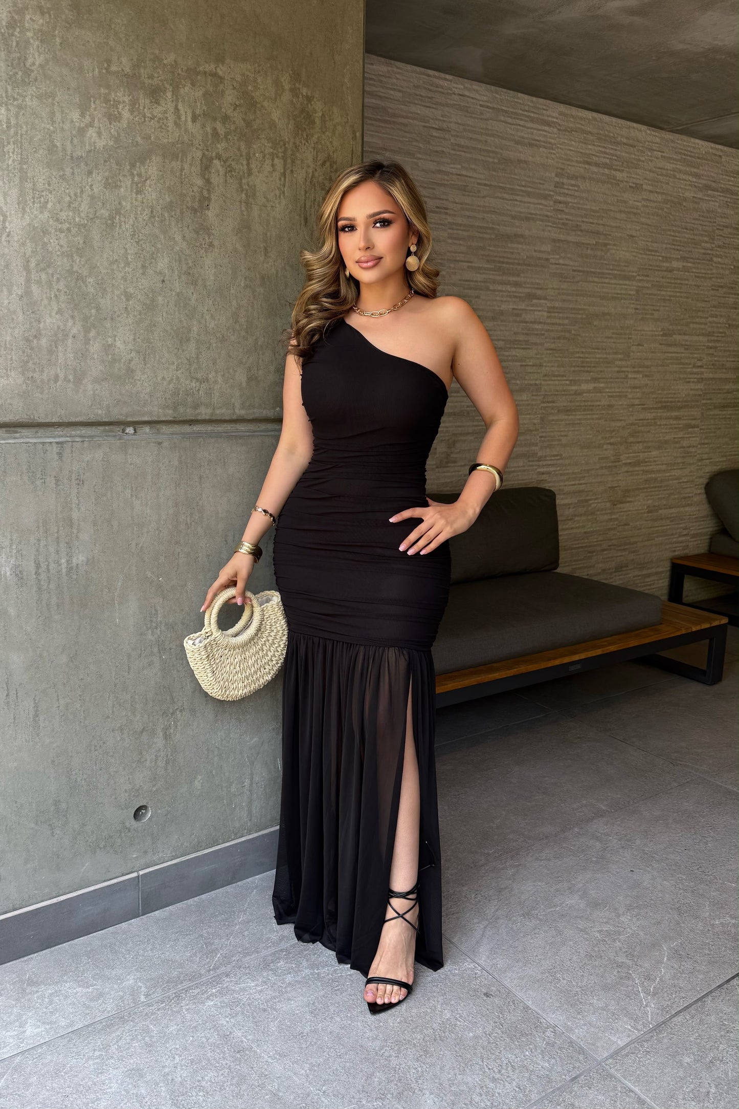 One Shoulder Mesh Maxi Dress-Black