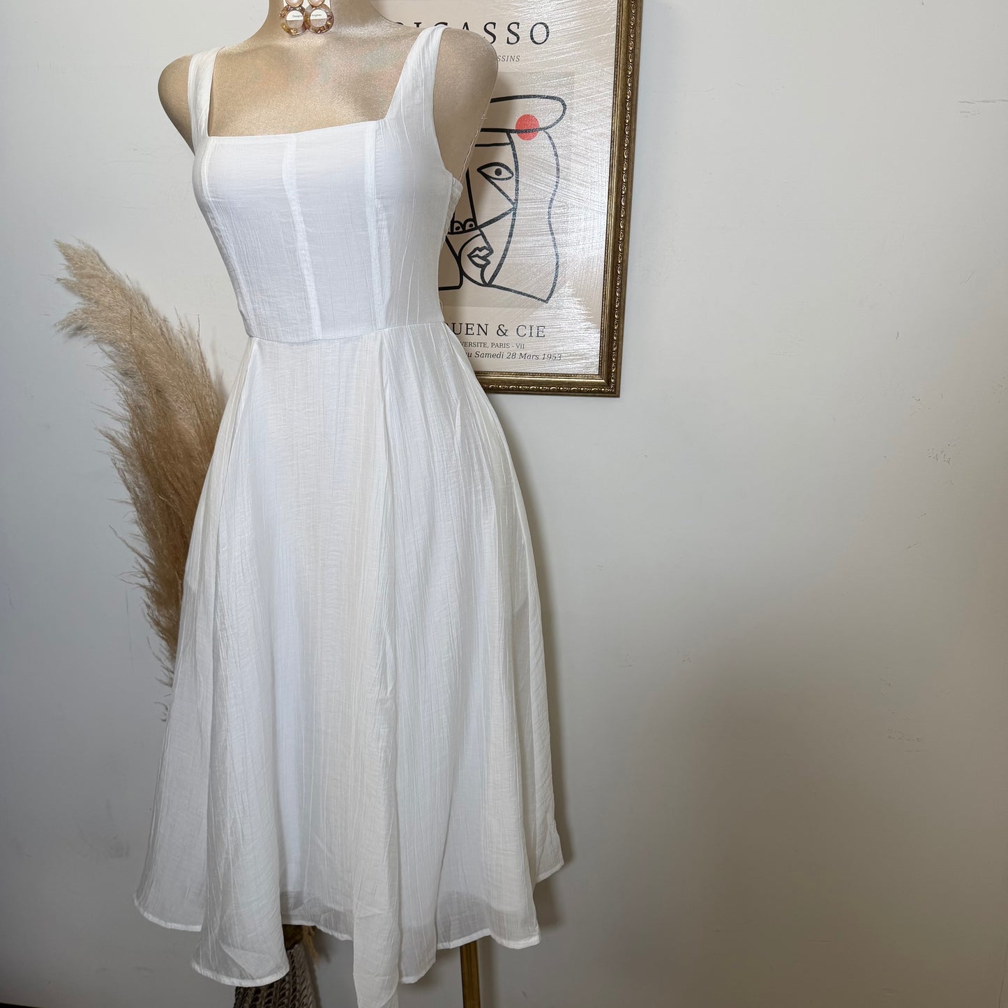 Square Neck picnic  Midi Dress-white