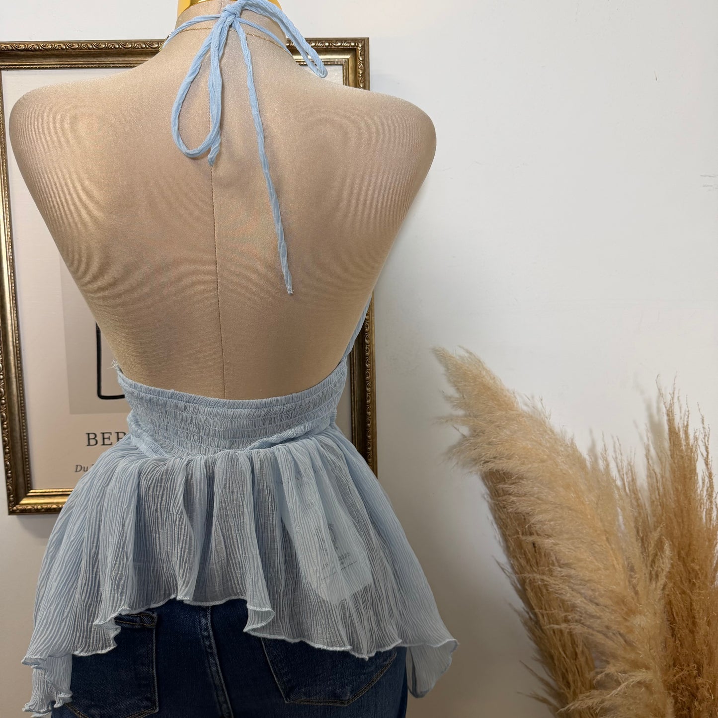 Textured Open back Top With Trim-Blue