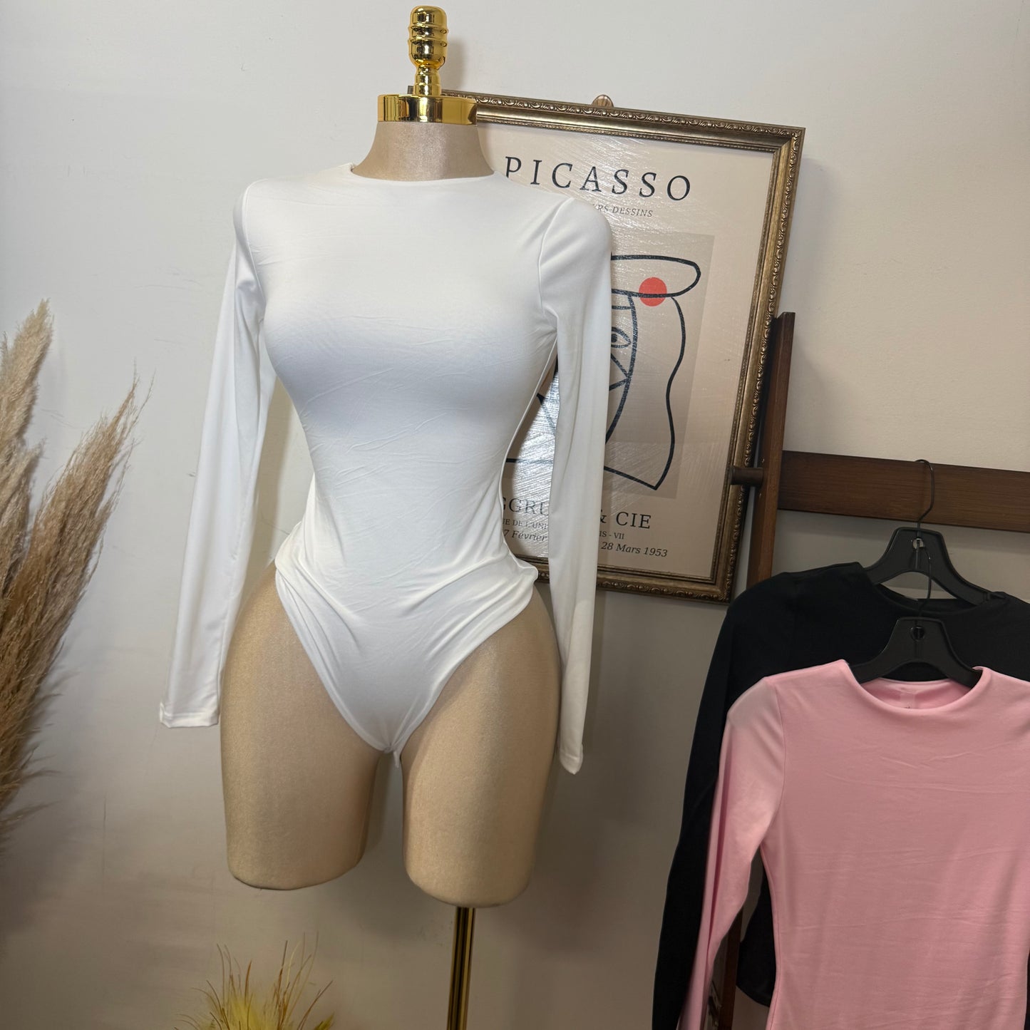 Long Sleeve Crew Neck Thong Bodysuit-White
