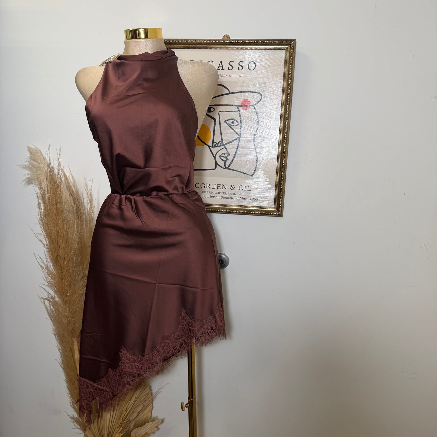 Asymmetrical lace trim midi Skirt-brown