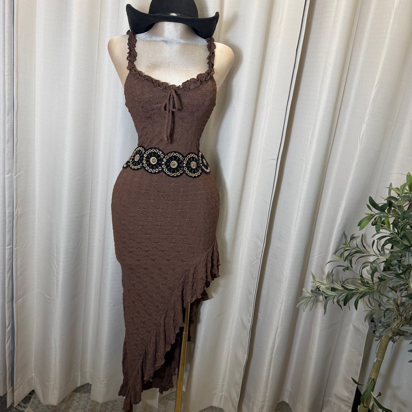 Daisy Asymmetric Skirt Midi Dress-Brown