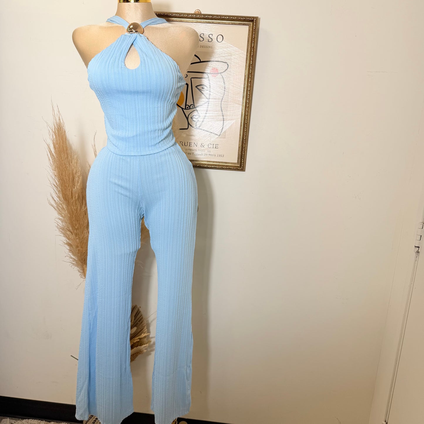 Front Cut Out Jewel Decor Halter Style Top and Pant Set-Baby Blue