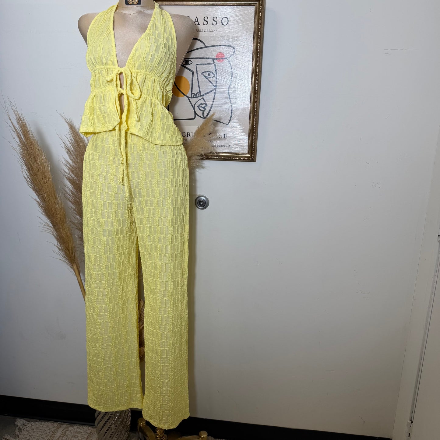 Front Tie Spaghetti Tie Halter Neck Top and pant set-Light Yellow