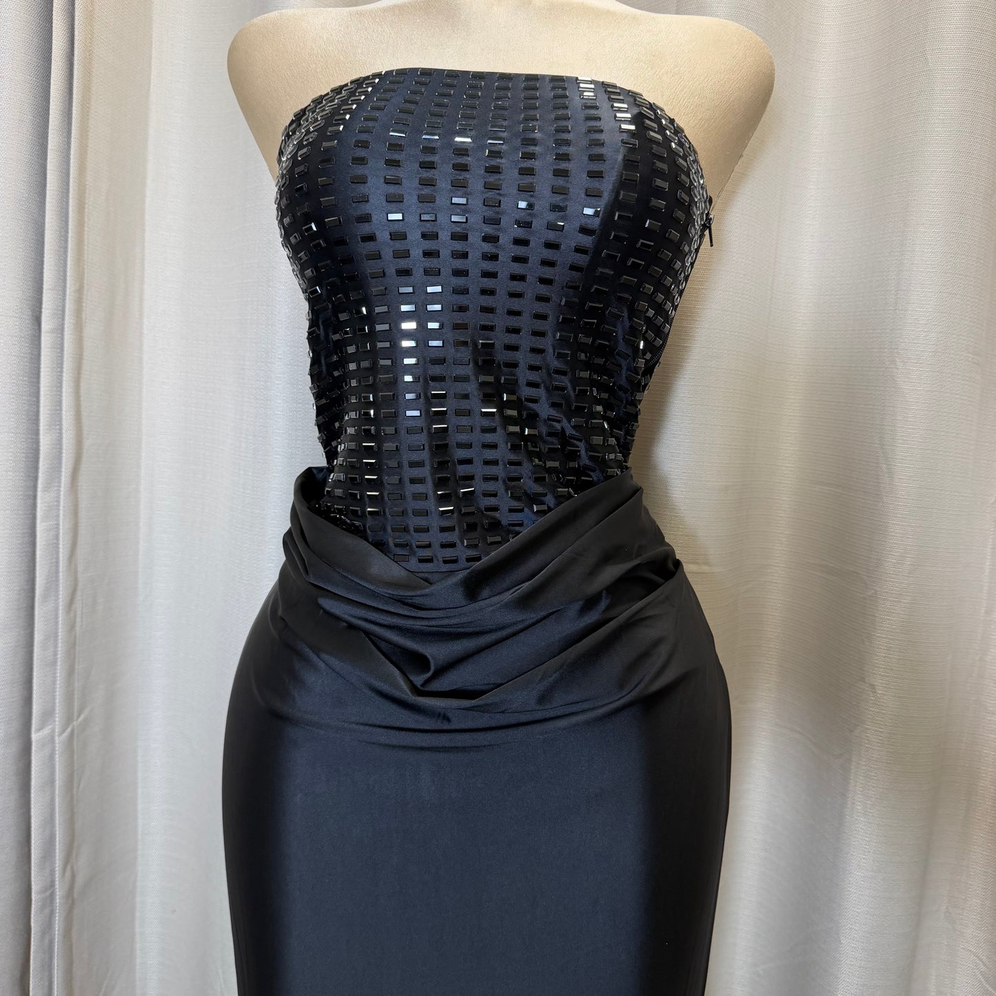 Rectangle Rhinestone satin mermaid maxi Dress-Black
