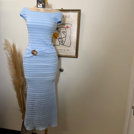 Textured Solid Off shoulder Maxi dress-Blue