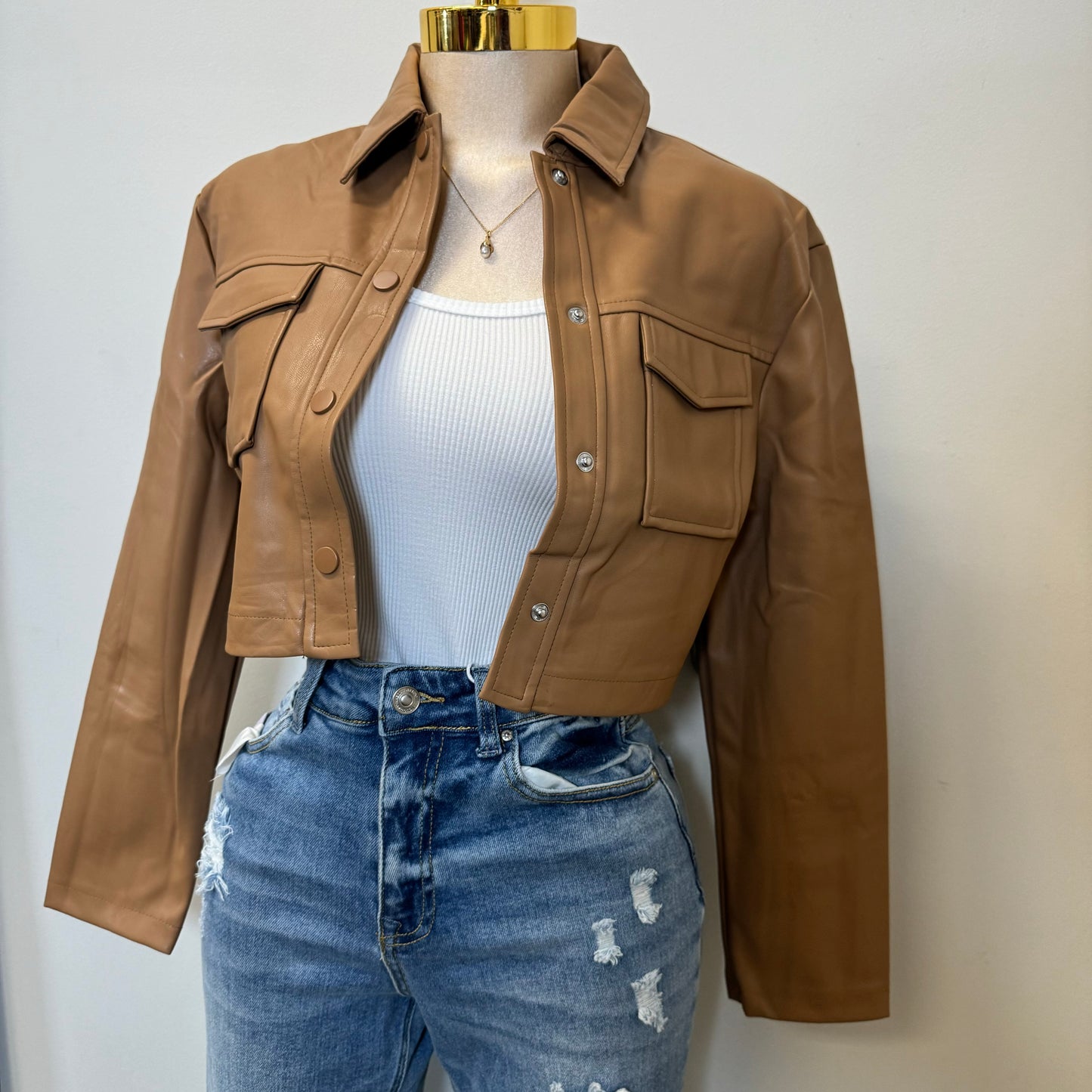 Lulú PU Leather Cropped Jacket -Brown