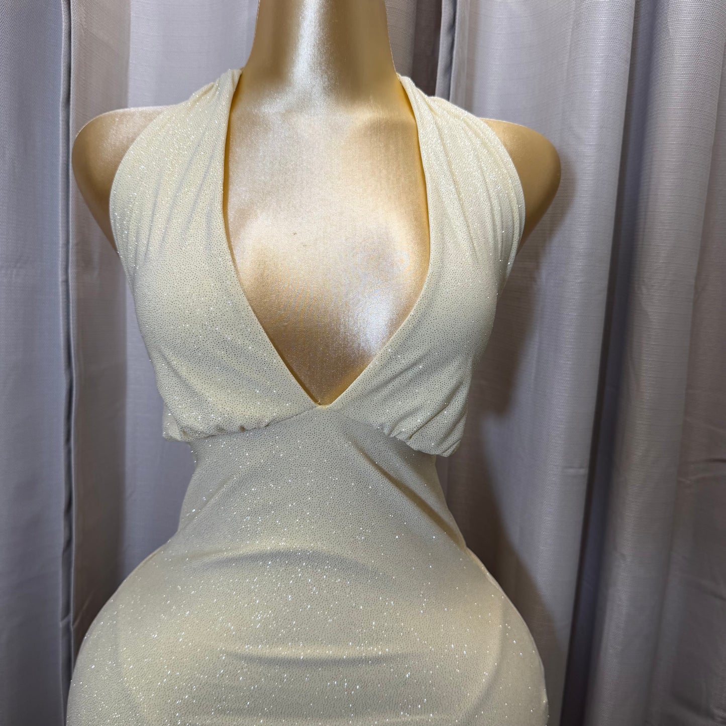 Glitter Halter Ruffle Slit Maxi Dress-Yellow