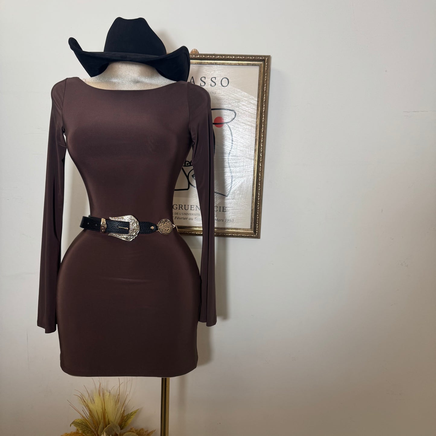 Long Bell Sleeveless Open Back Slits Mini Dress-Brown