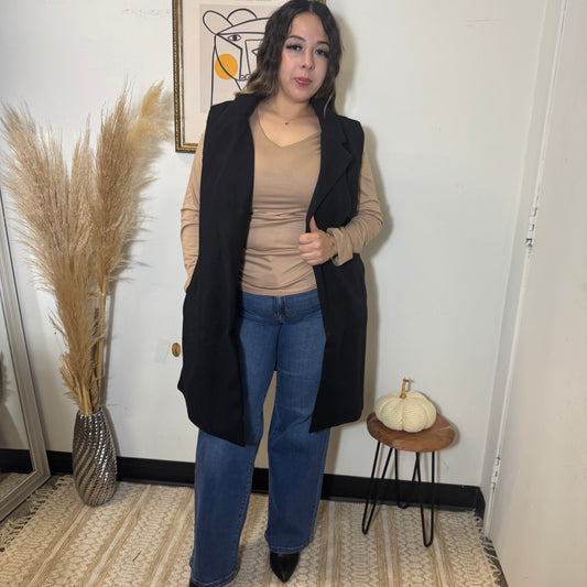 Sleeveless Notched collar Soft Open vest-Black