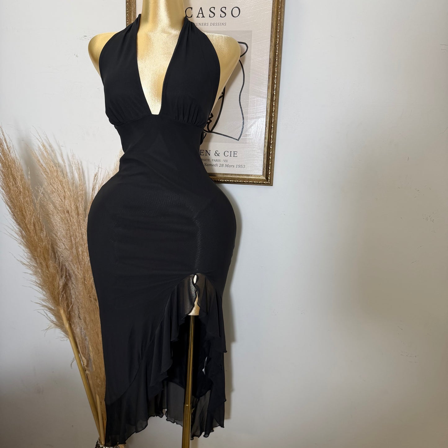 Halter Ruffle Slit Maxi Dress-Black