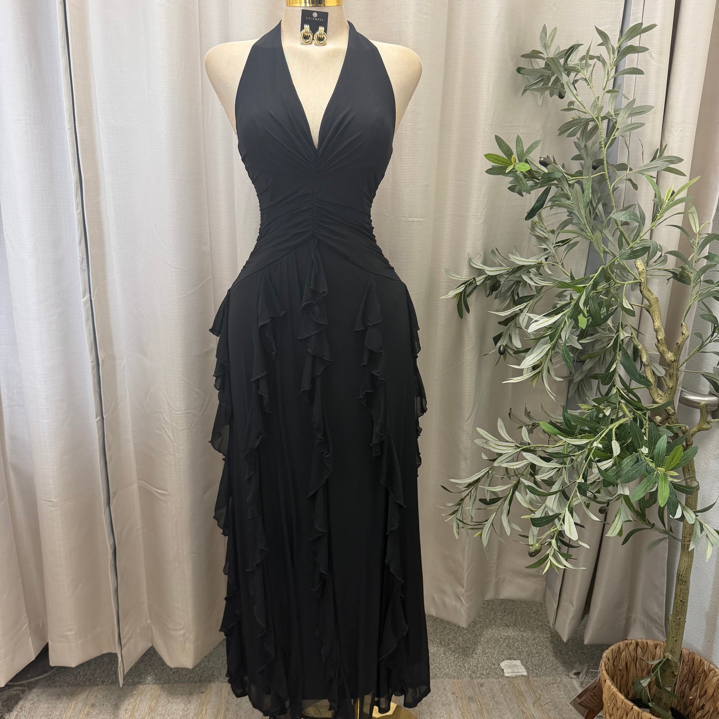 V-NECK HALTER CASCADE RUFFLE MAXI DRESS-Black