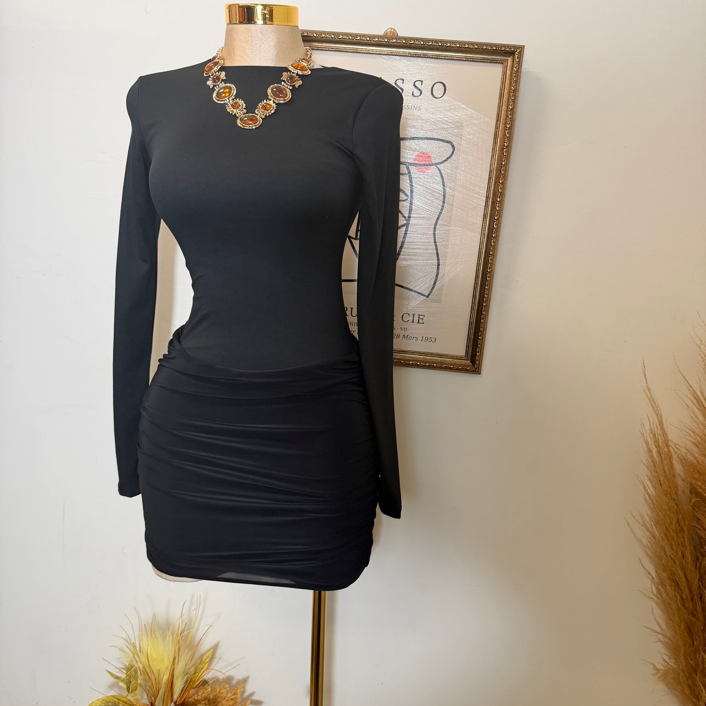 Mixed Media Long Sleeve Ruched Mini Dress-Black