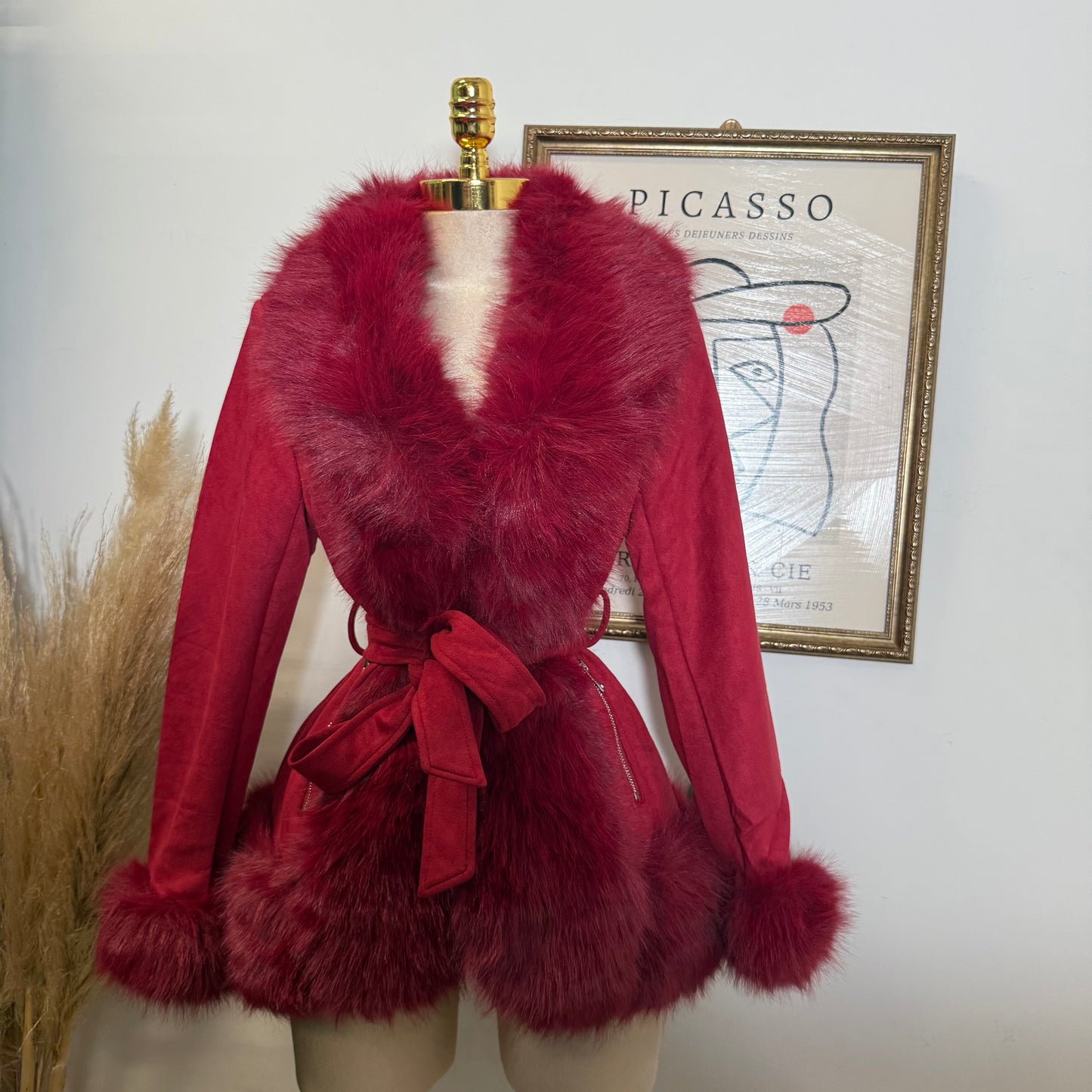Dynasty Luxe Fur-Trimmed Coat Red