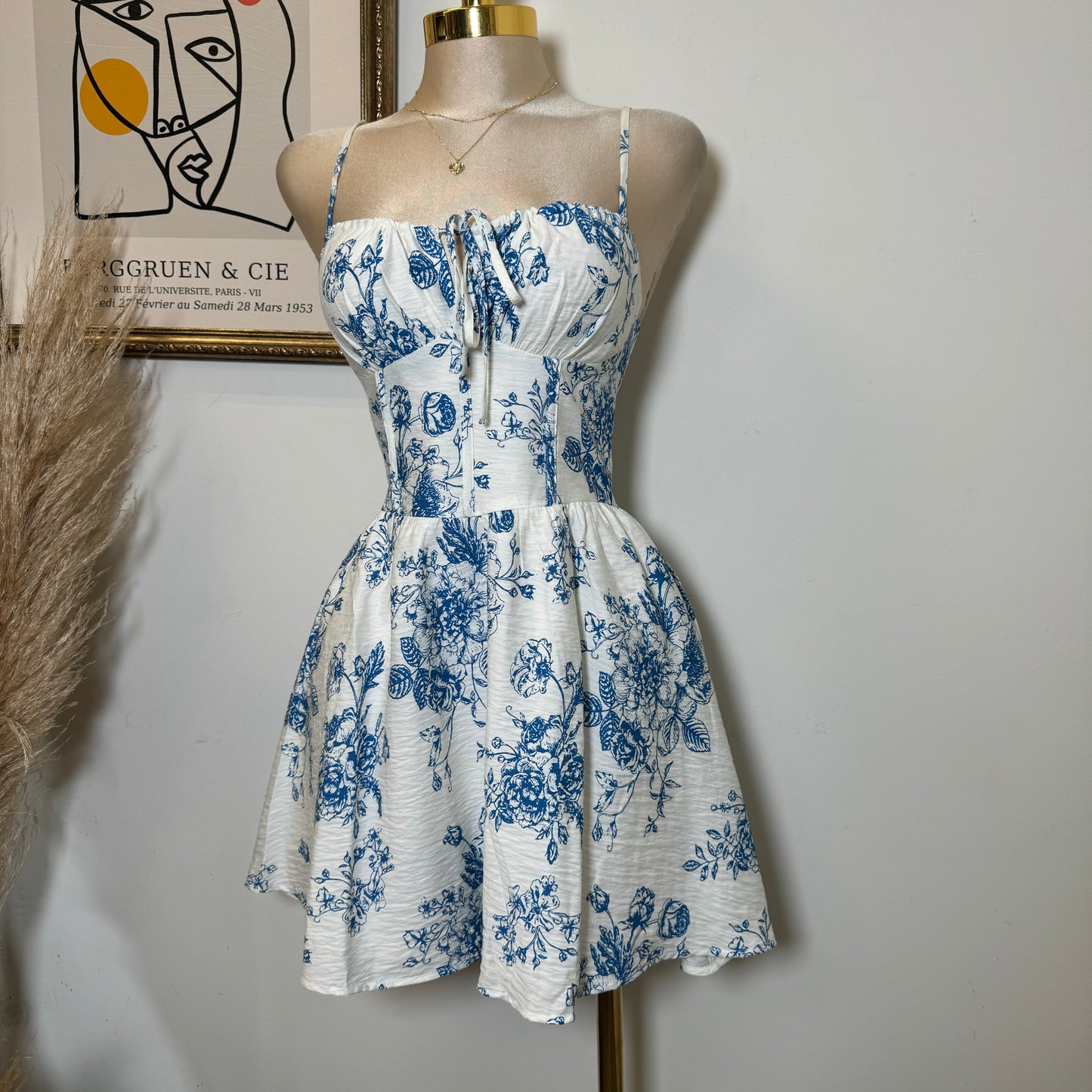 Tropical Smocked Mini Dress-White/Blue