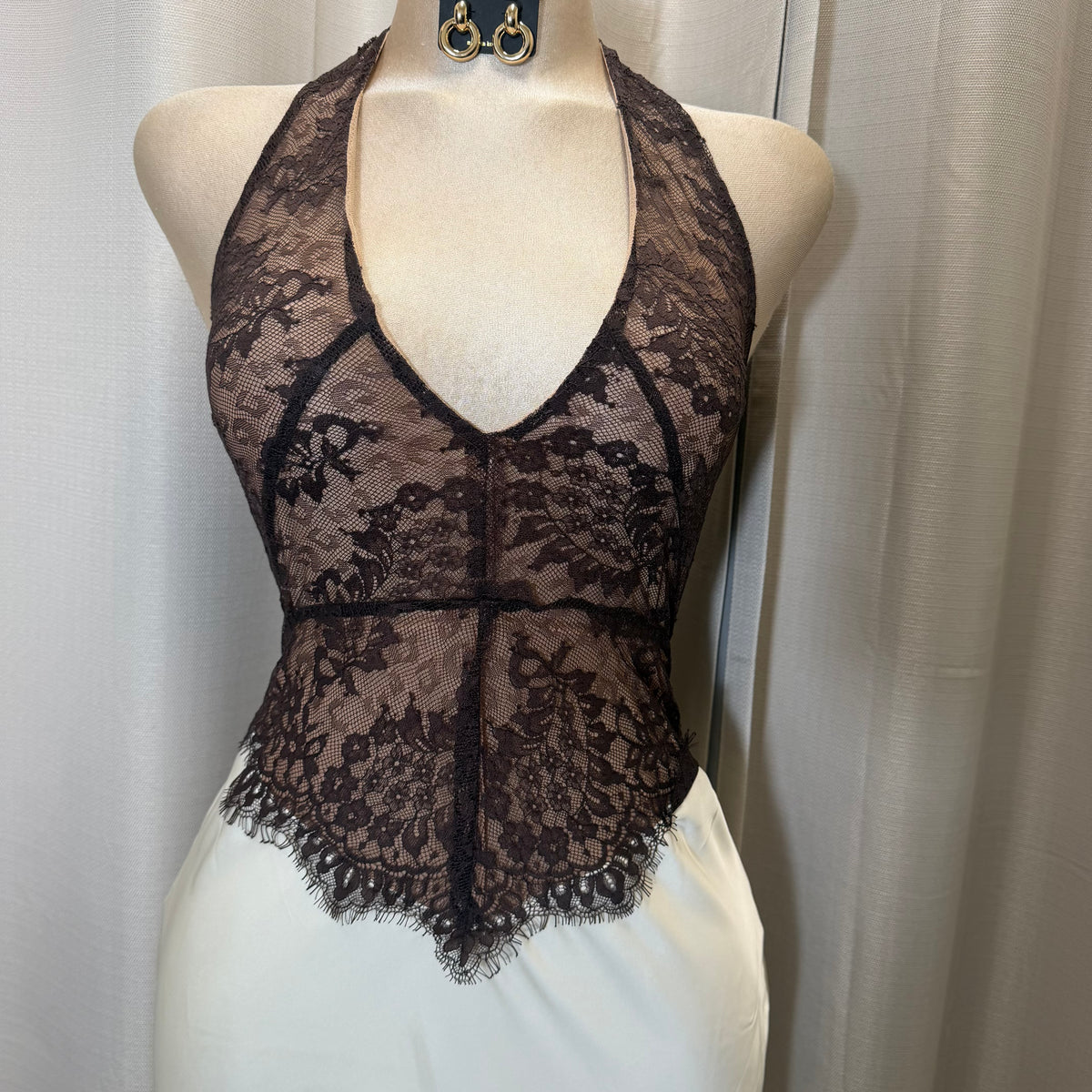 Romance Lace Halter Maxi Dress-Cream/Brown