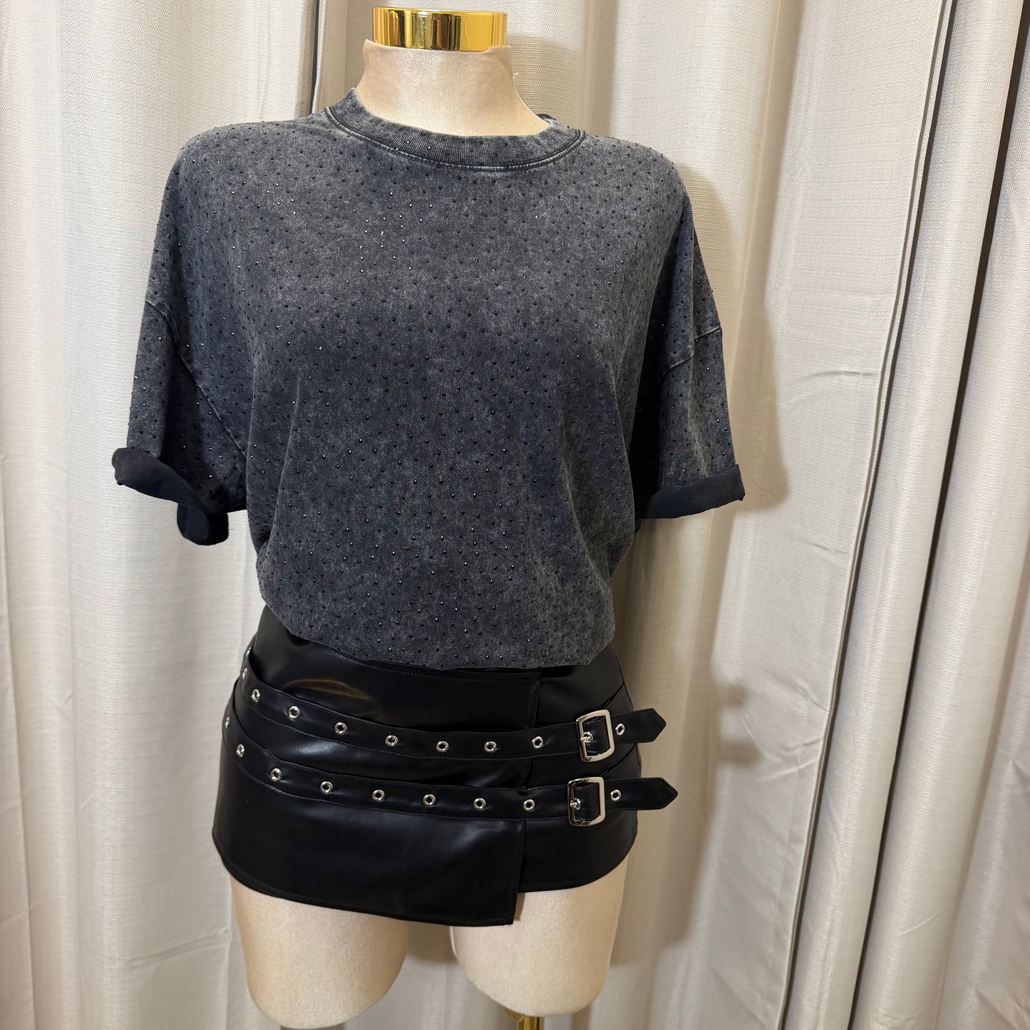 Rhinestone Oversized Top-Washed Black