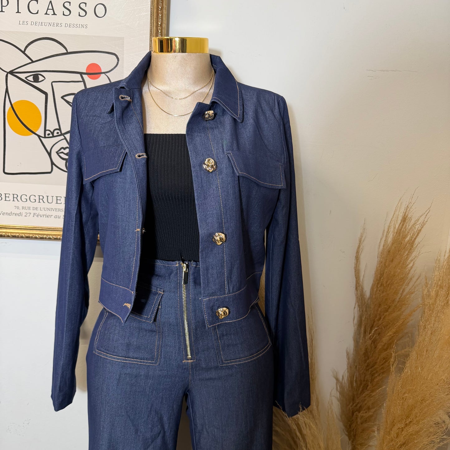 Long Sleeve Cropped Jacket-Indigo