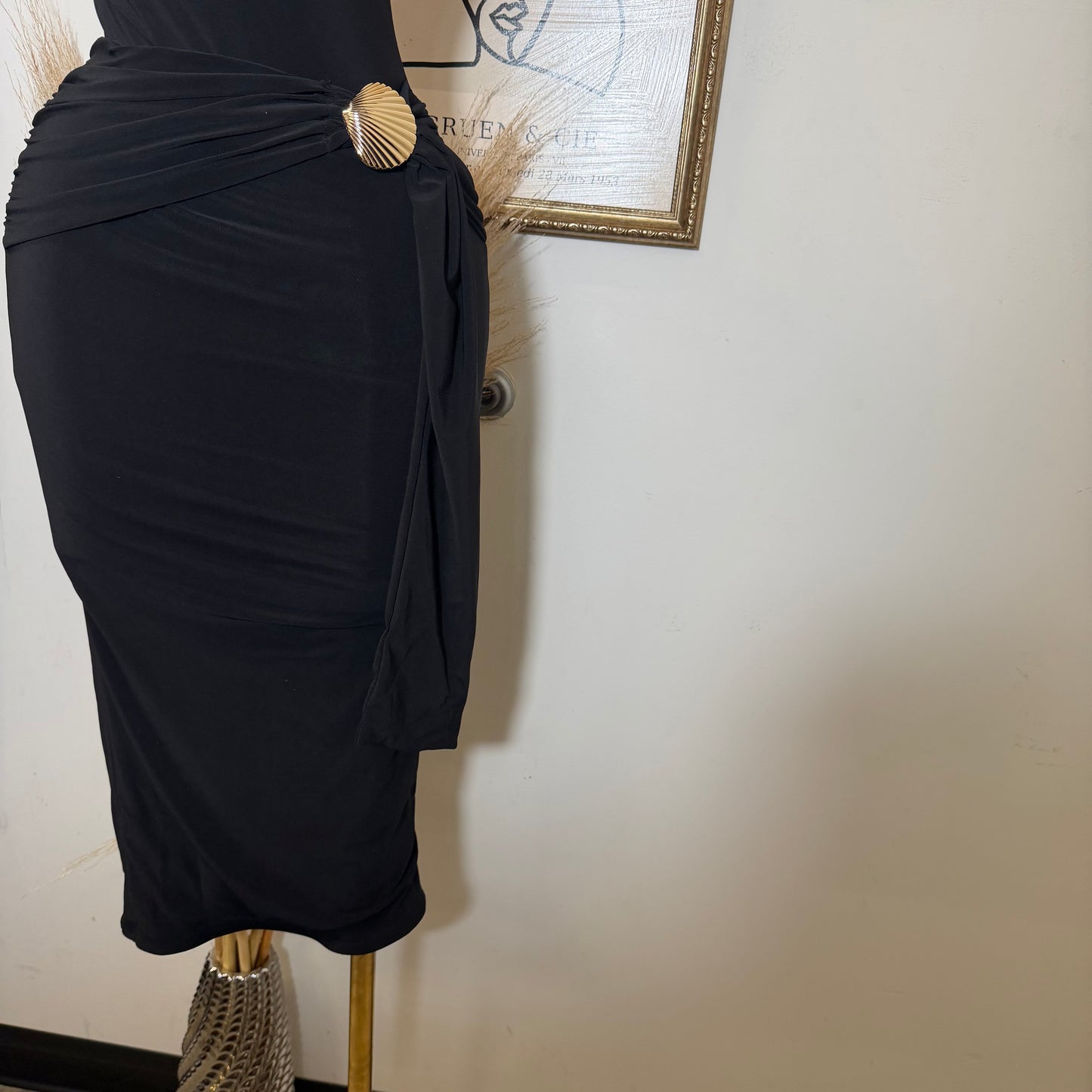 Shelf Gold Trim with Sash Detail Midi Dress-Black