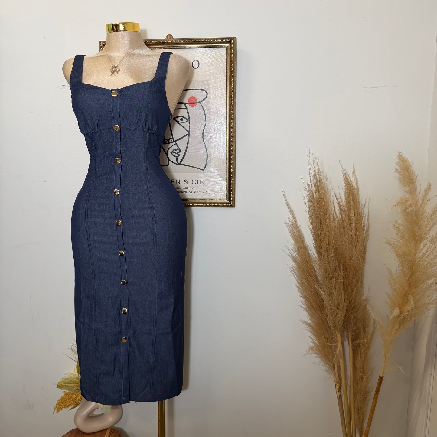 Button-Front Fitted Midi Dress-Indigo