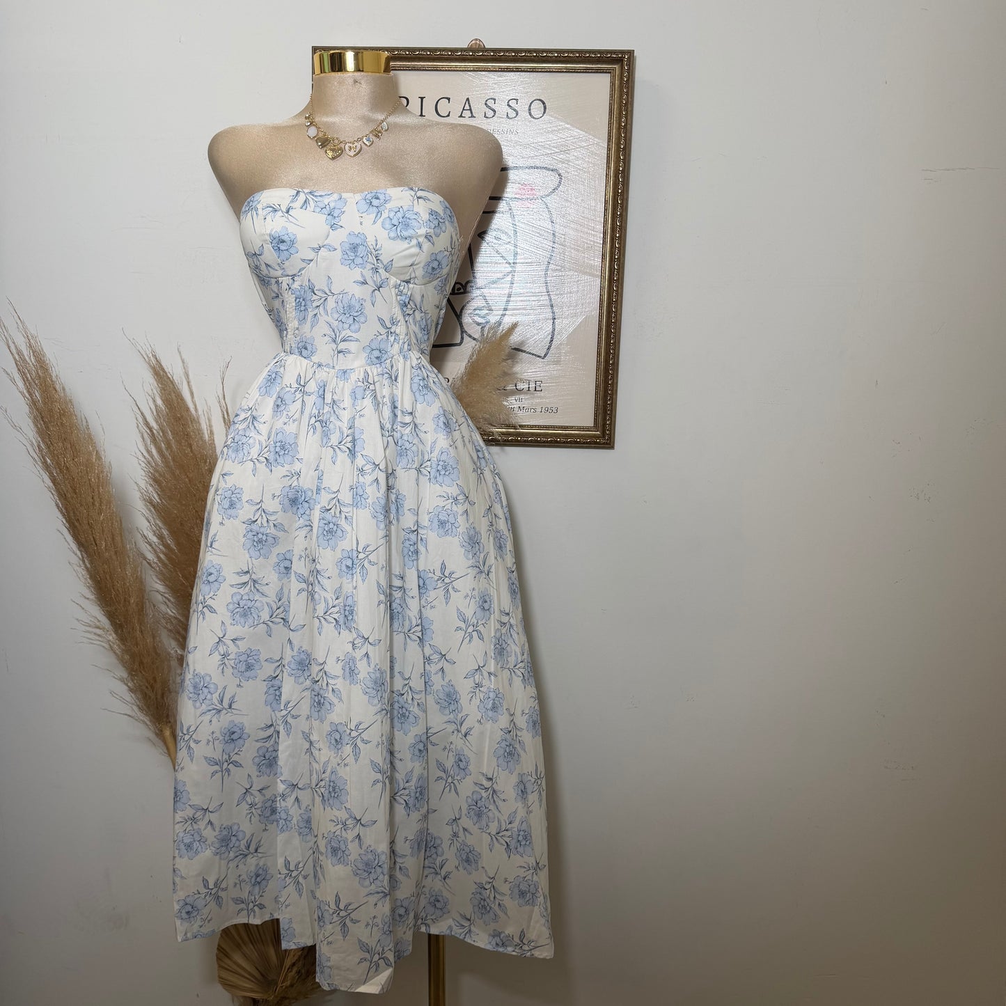 Tube Midi Dress with  Blue Flower-Blue