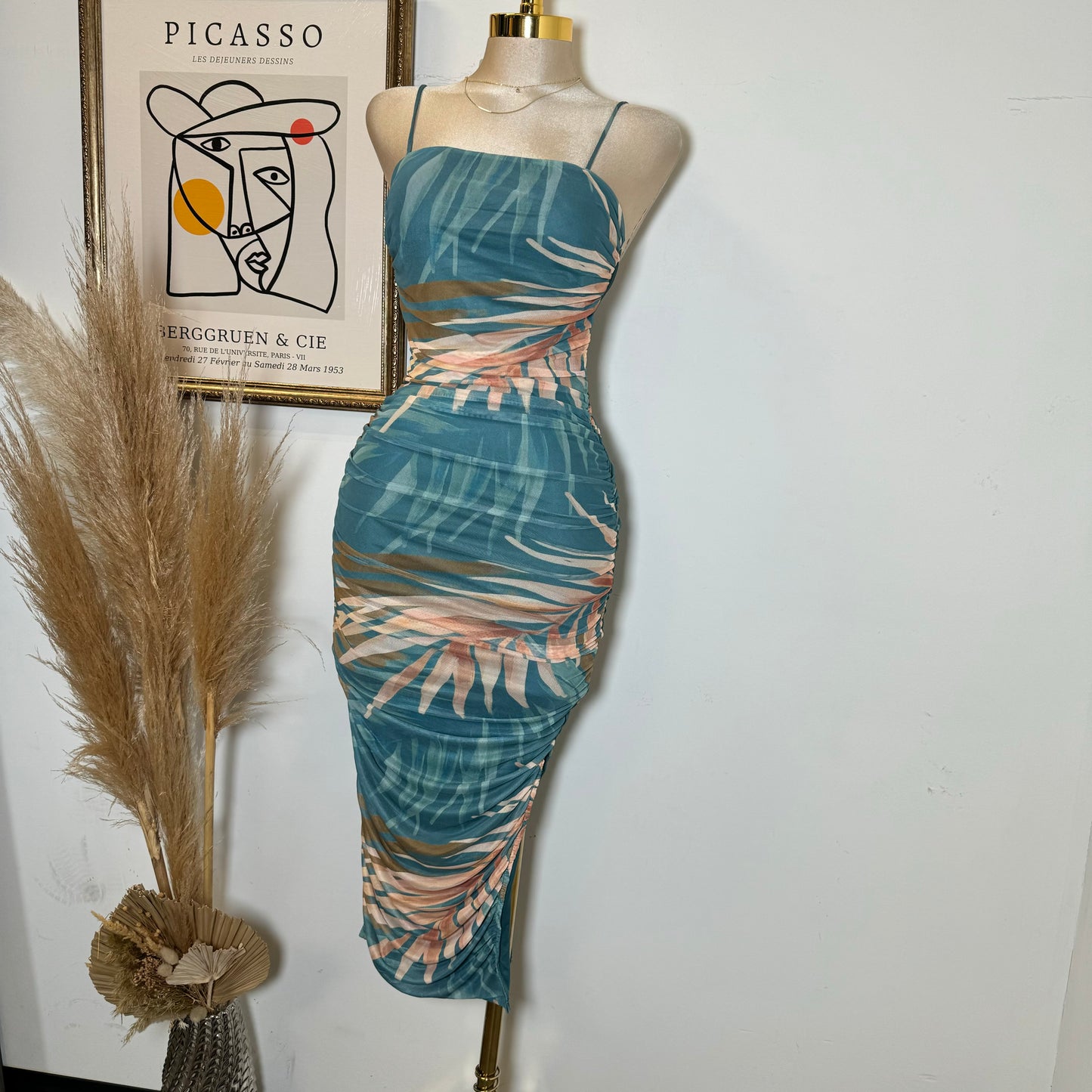 Favy Ruched Midi Dress-Teal
