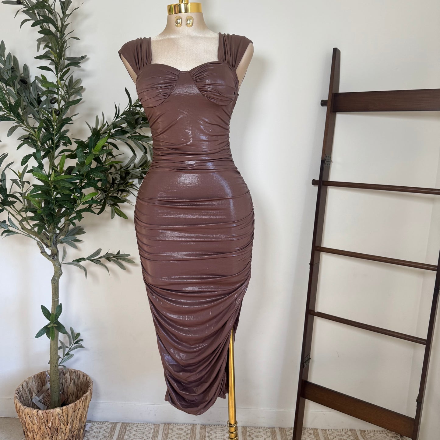 Off Shoulder Bustier Ruching Side slit Mini Dress-Mocha