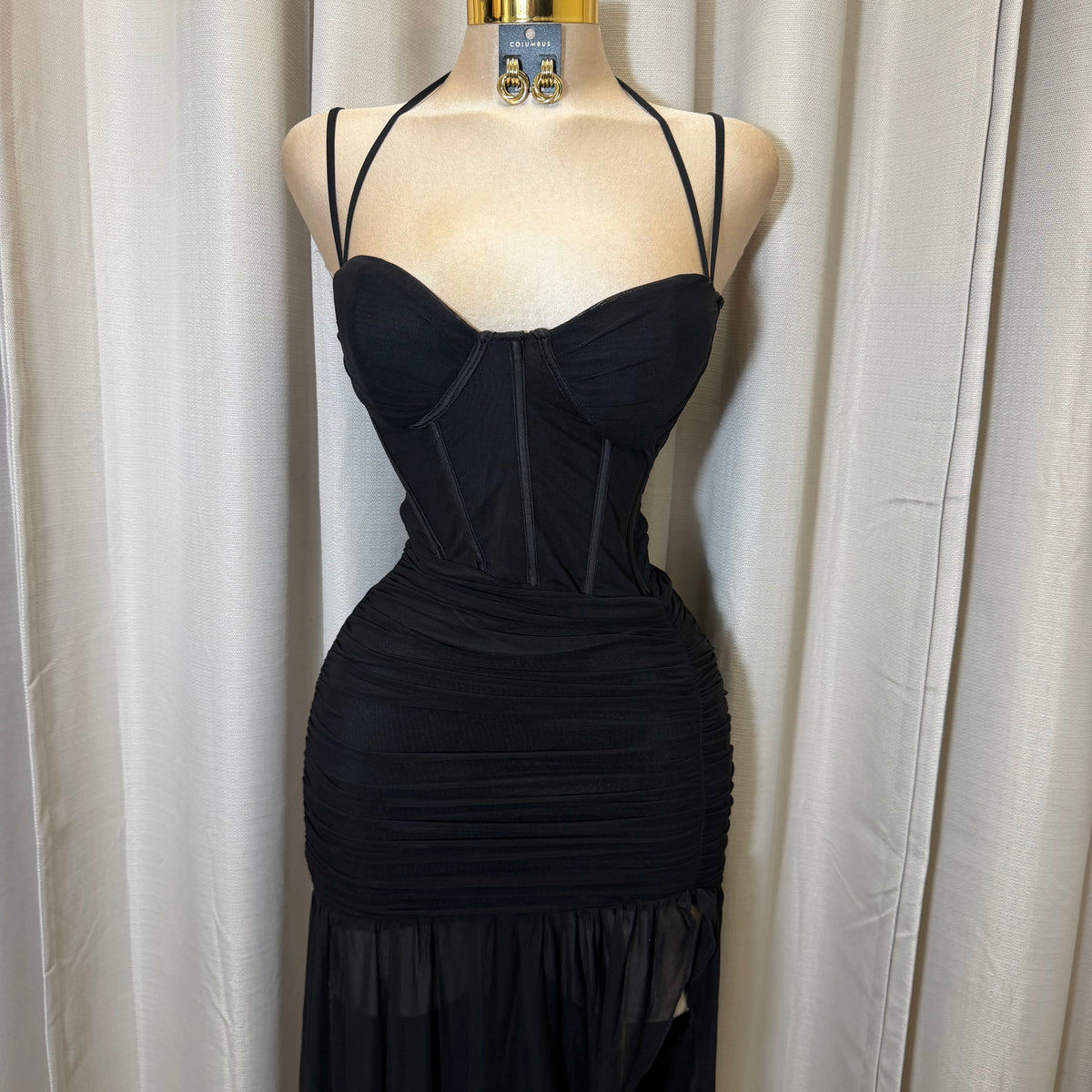 Corset Double Strap Ruched Slit Maxi Dress-Black