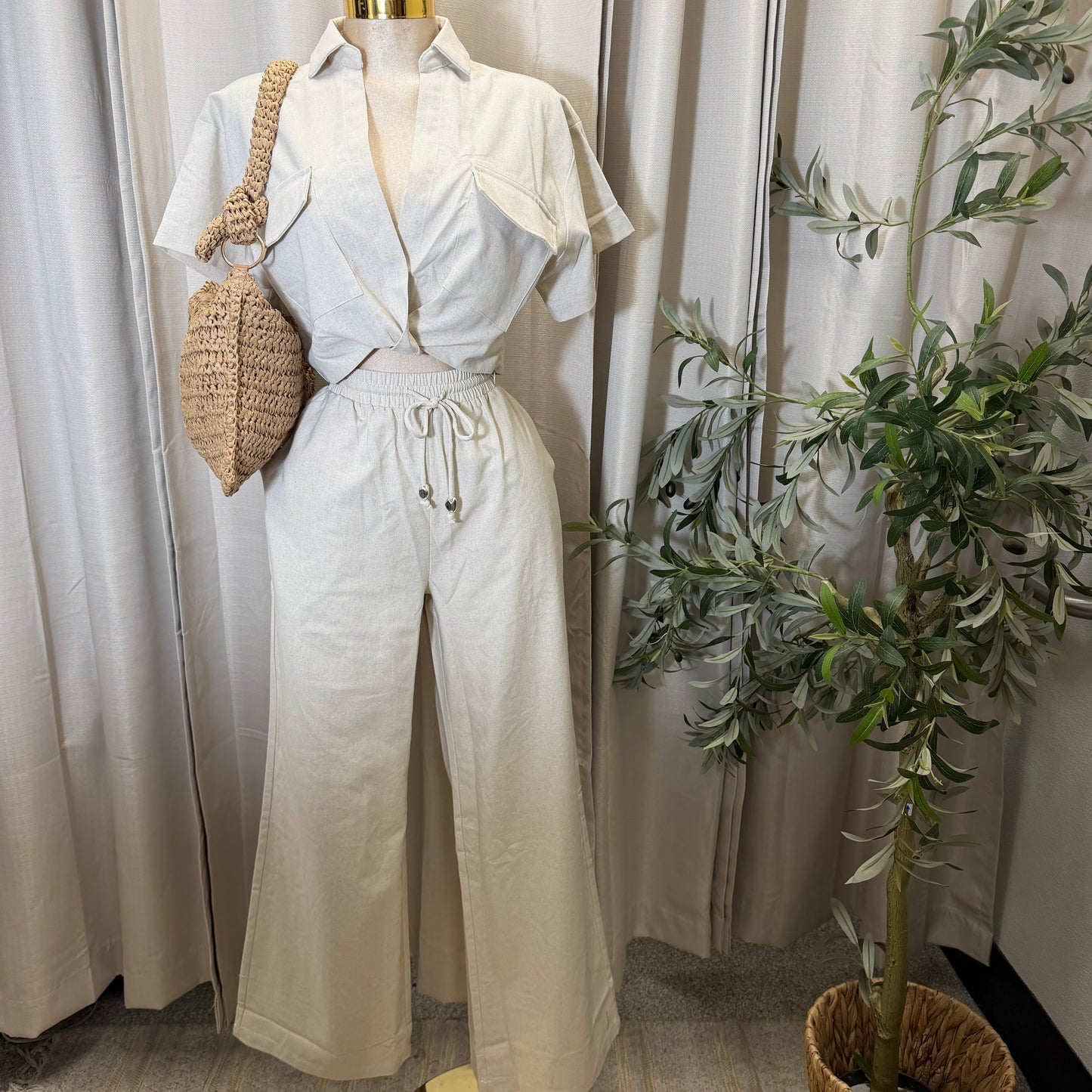 Front twist Top and wide leg pant Set-Beige