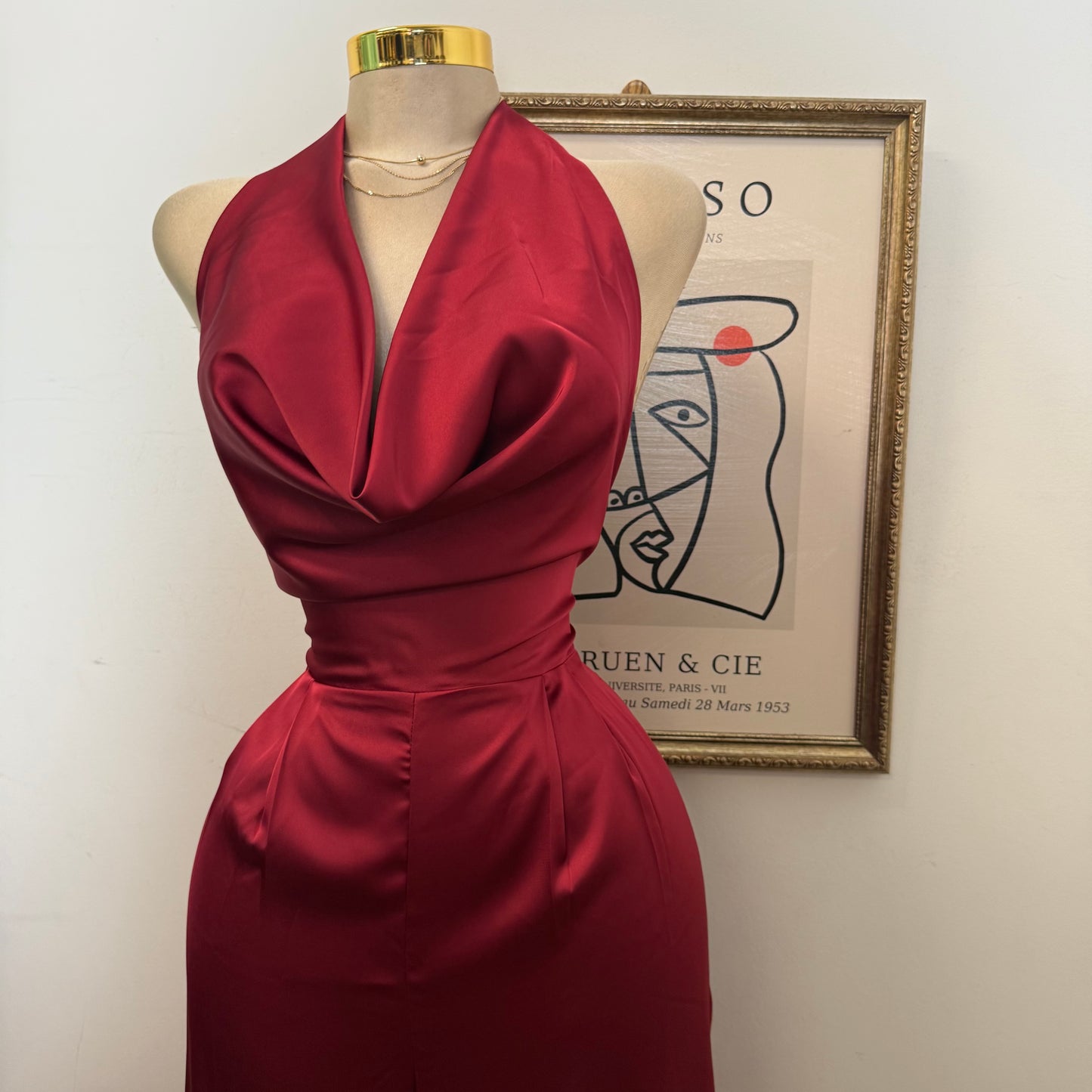 Cowl Halter Neck Wide Leg Jumpsuit-Red