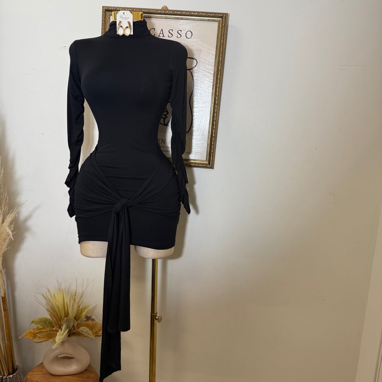 Long Sleeve Front Tie Mini Dress-black