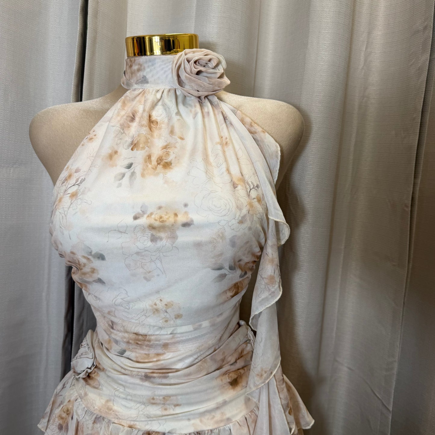 Flower halter Top with mini skirt set-Taupe