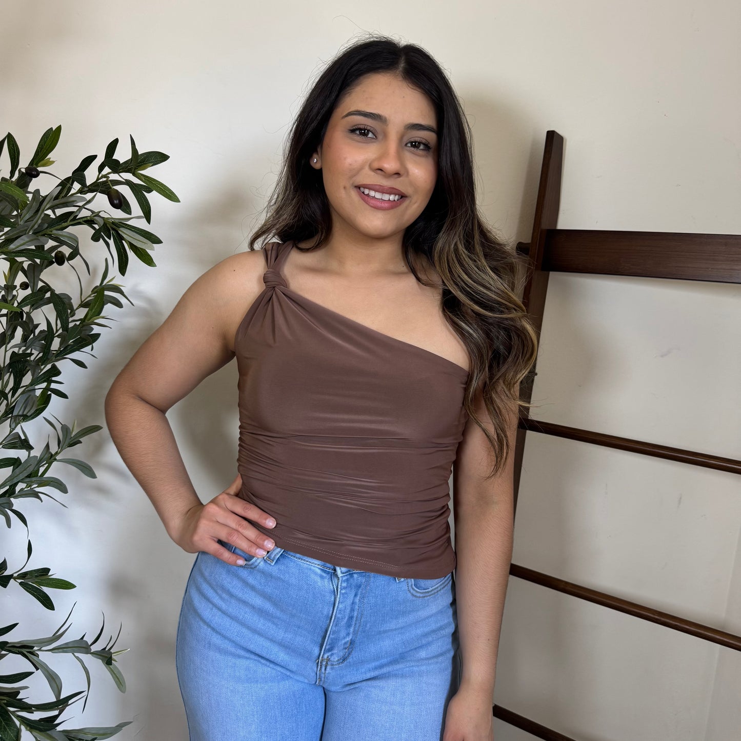 One shoulder knotted Asymmetrical Top-Brown