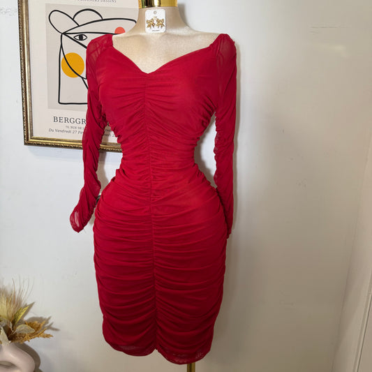 Ruched Off Shoulder Mesh Dress-Red