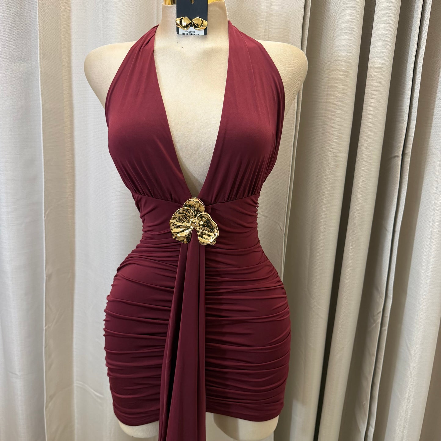Orchid Halter Ruched front panel Mini Dress-Burgundy