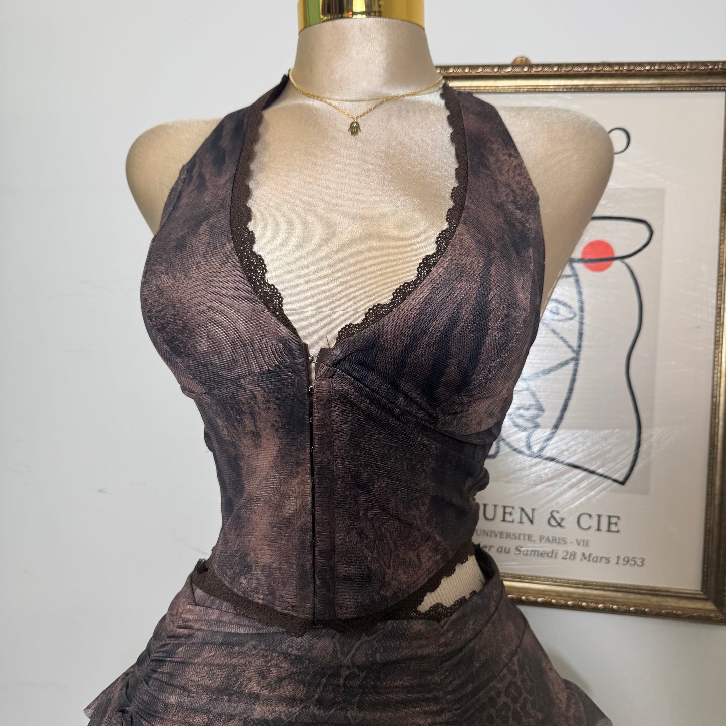 Printed Halter Top and Skirt Set-Chocolate