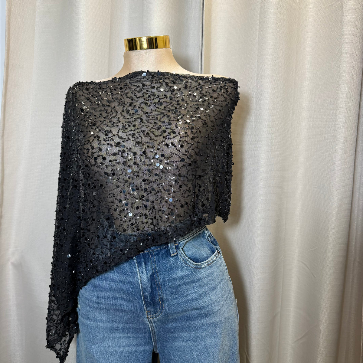 Beads and Sequins off shoulder Poncho-Black