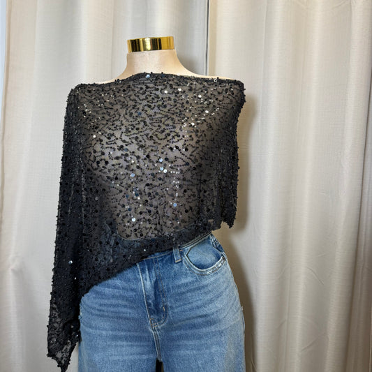 Beads and Sequins off shoulder Poncho-Black