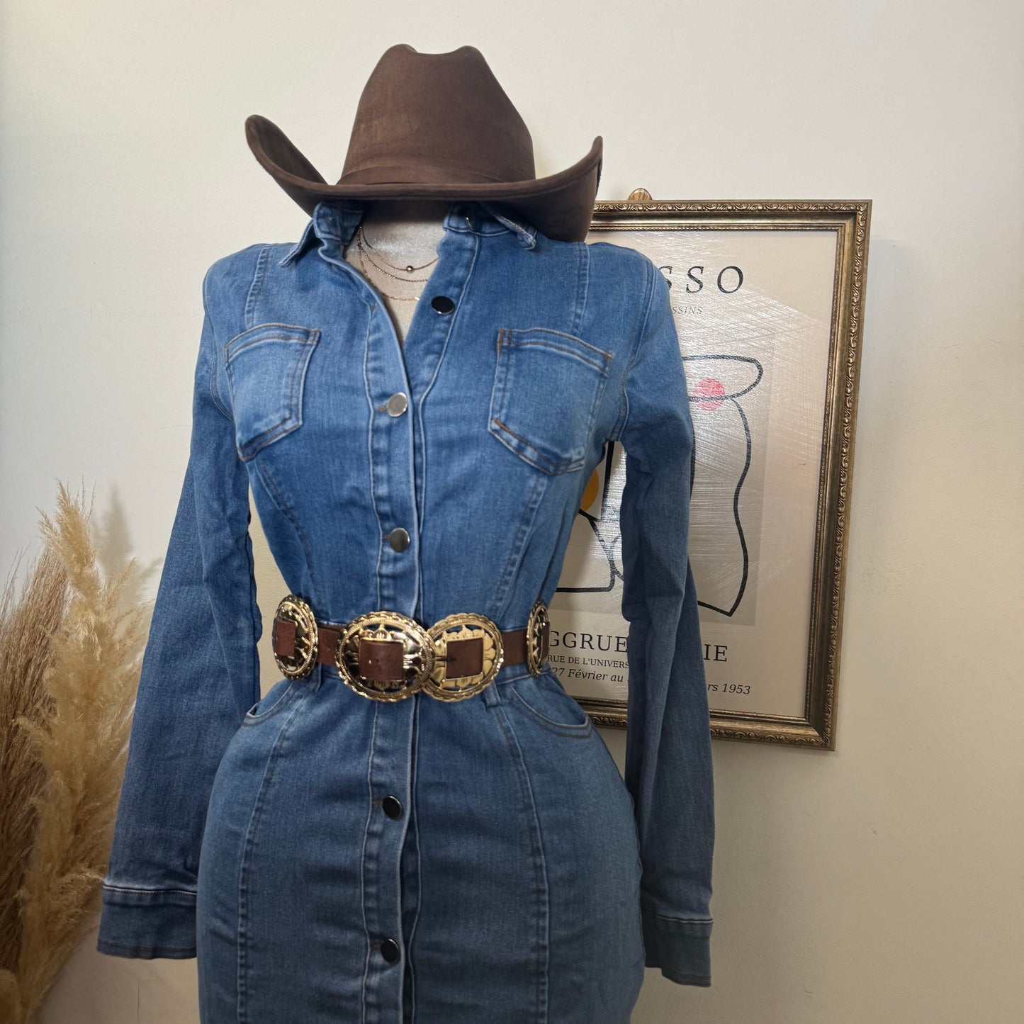Denim Button Long Dress-Medium Wash