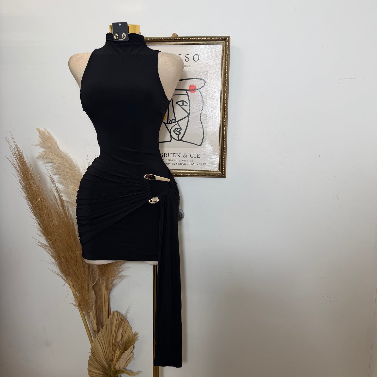 Mock Neck Front Sash With Trim Detail Mini Dress-Black (Copy)