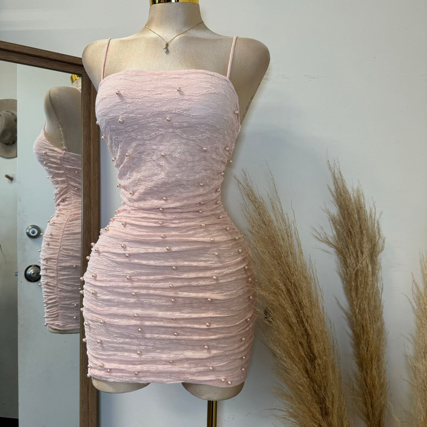 Lace Pearl Dress-Baby Pink