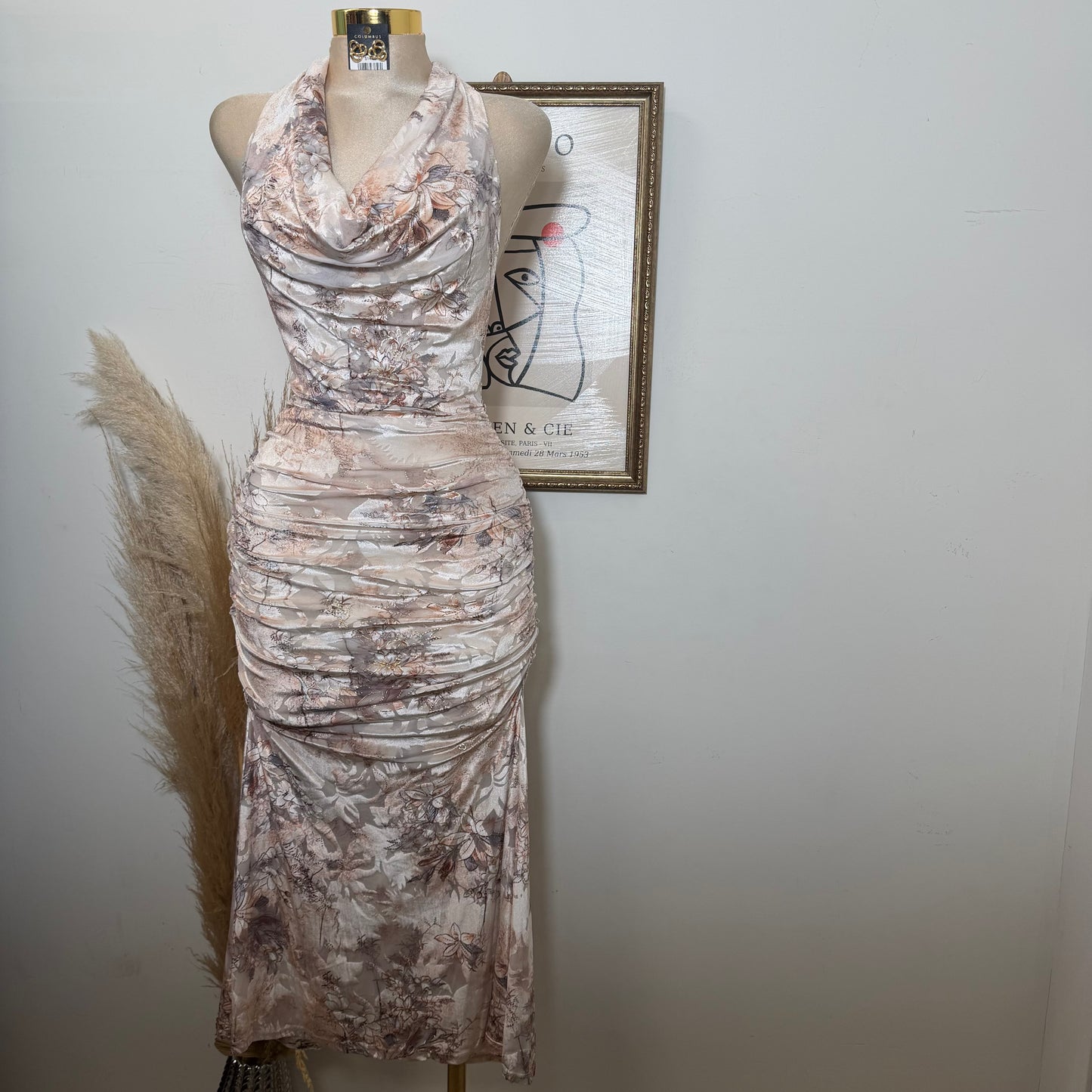 Metallic Printed Mesh halter Ruched Midi Dress-Taupe multi